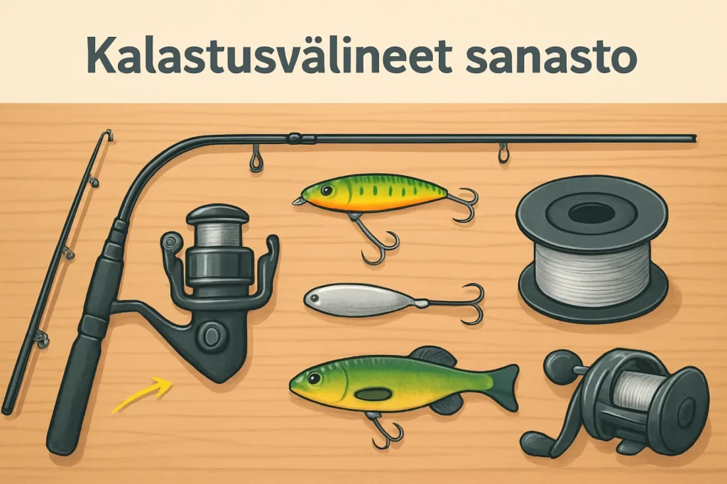 Kalastusvälineet sanasto: käytännön oppaan kuvitus