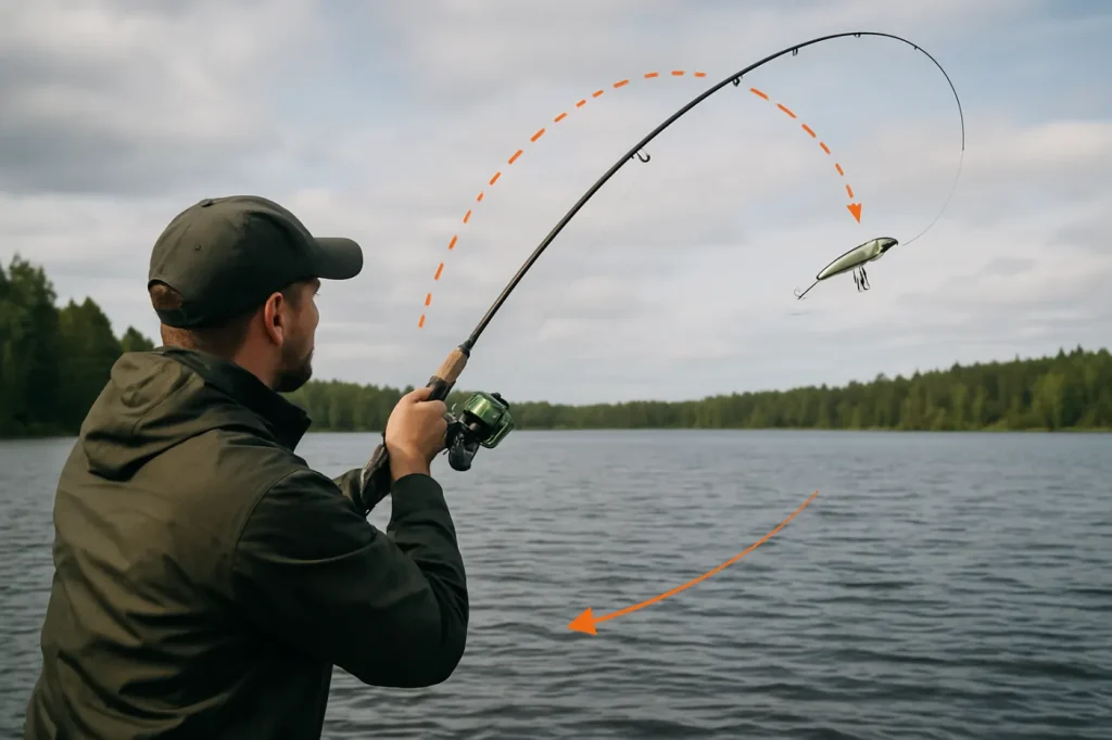 Pitkä heitto kalastus: käytännön oppaan kuvitus